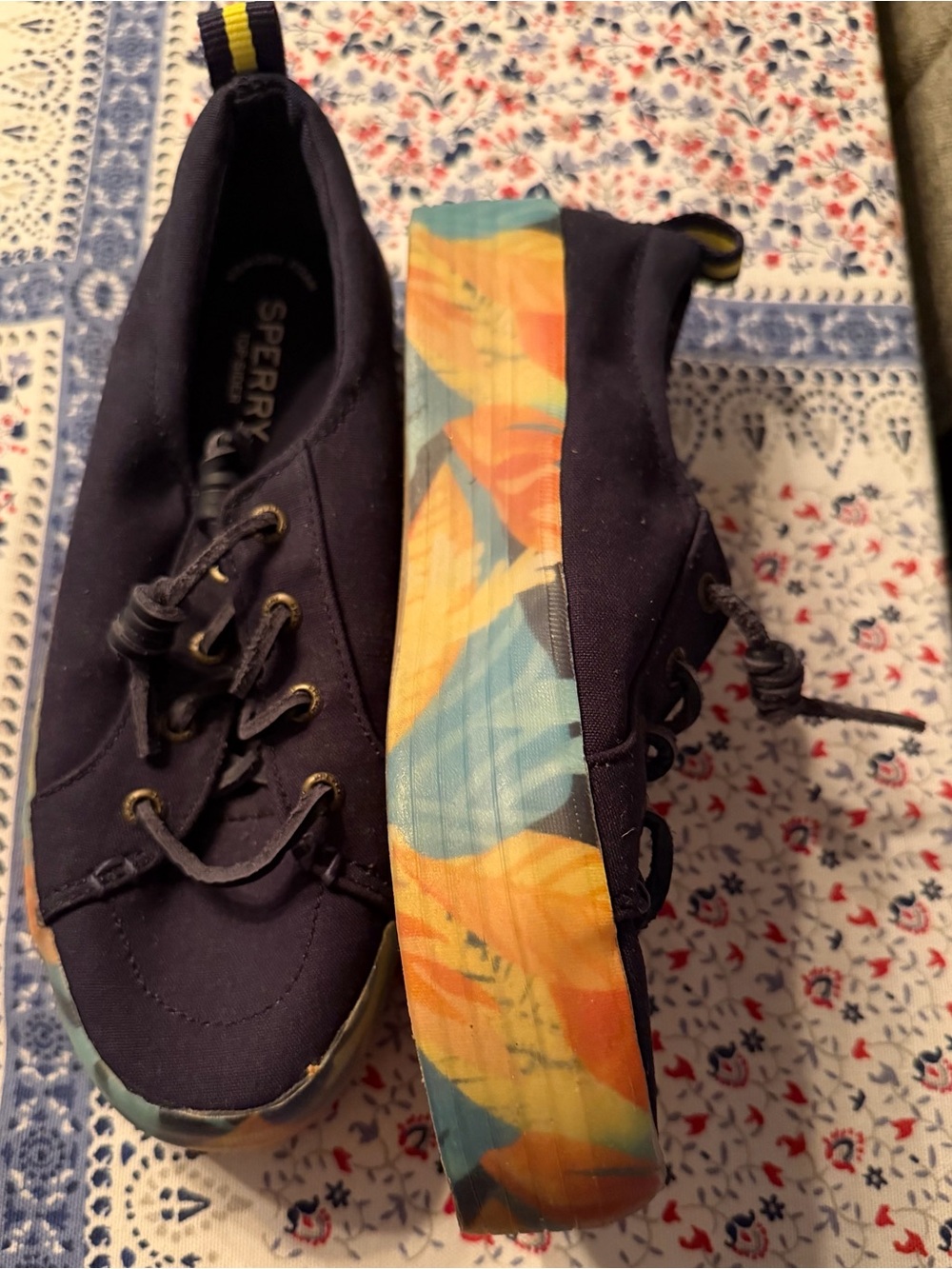 Sperry Navy Canvas Platform Sneakers with Multicolor Floral Sole